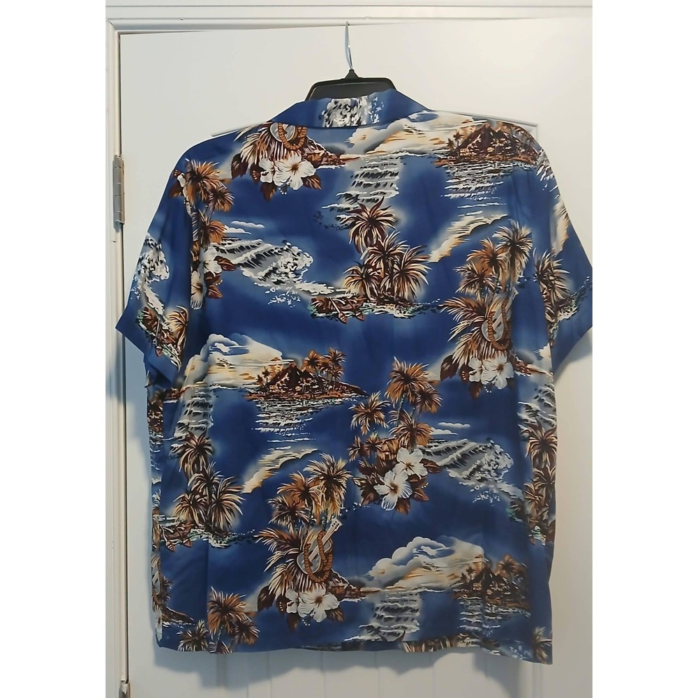 Hilo Hattie Hawaiian Original Shirt Mens Large Blue Tropical Palm Tree Rayon L - Picture 2 of 4